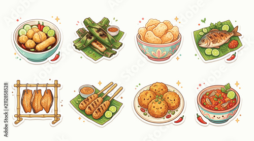 Tableau sur toile A vibrant collection of delicious Indonesian street food dishes, artfully illustrated with a charming, cartoonish style