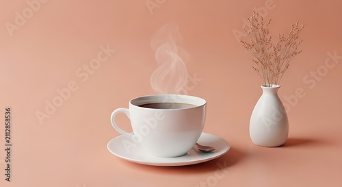 Steaming cup of coffee on a table. Hot beverage in a white mug with dried flowers.