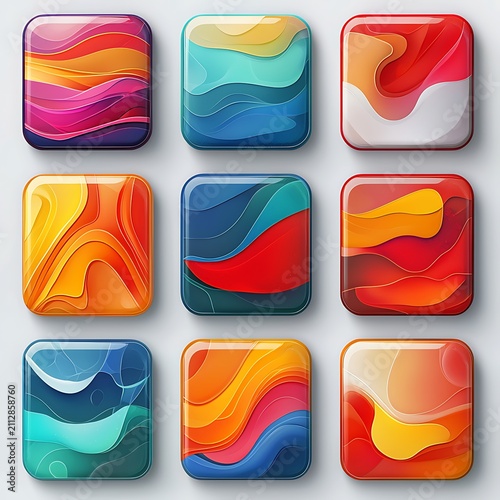 Abstract Shapes in a Grid: A vibrant collection of nine square icons, each featuring a unique, flowing abstract design with a smooth, glossy finish, arranged in a neat 3x3 grid.