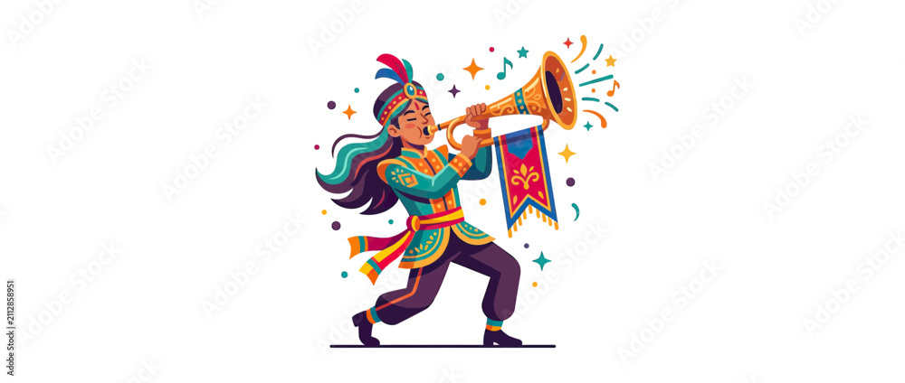 Fototapeta premium Person playing brass instrument with festive attire and banners