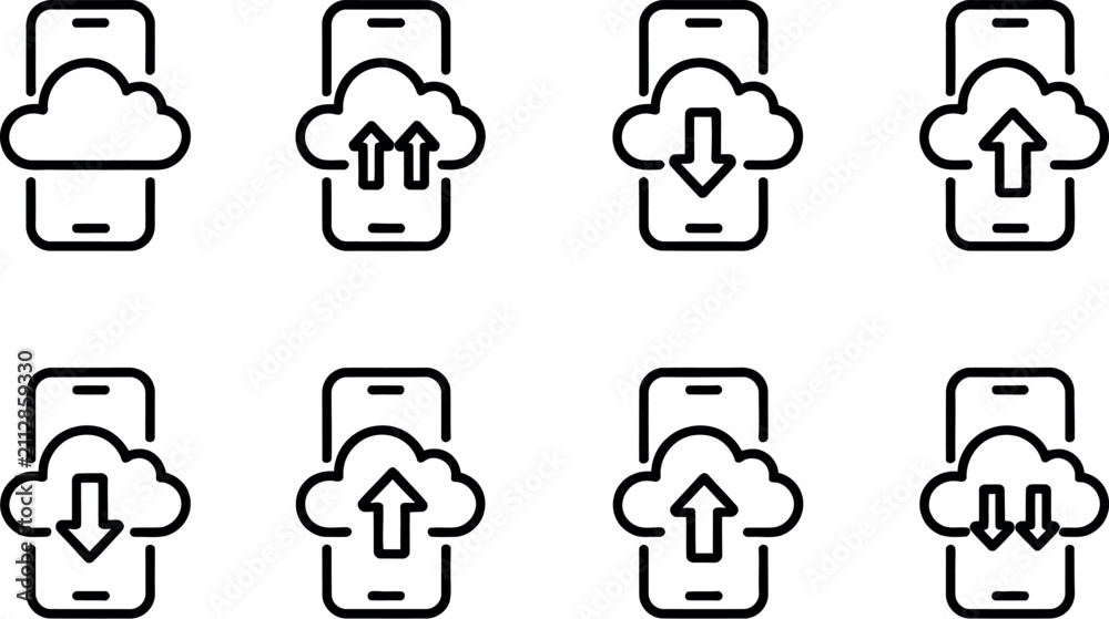 Fototapeta premium Set of cloud technology icons for mobile devices showing upload and download services. Vector Illustration