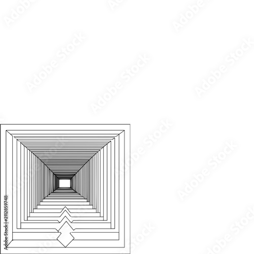 Abstract Geometric Tunnel with Central Upward Arrow in Black and White Line Art Style