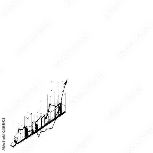 Abstract Isometric Rising Bar Chart with Sharp Upward Arrow in Hand Drawn Style