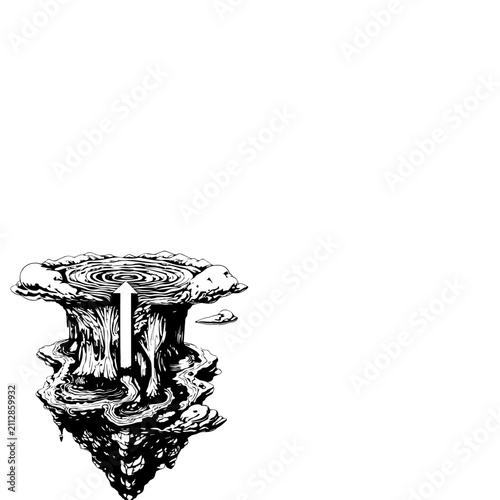 Surreal Floating Rock Formation with Central Upward Arrow Indicating Peak Performance and Stability