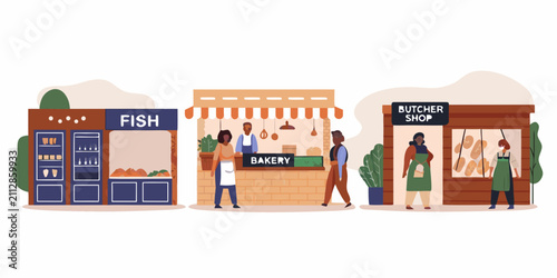 Konstfotografi market stalls flat vector illustration shops fish bakery butcher shop storefront
