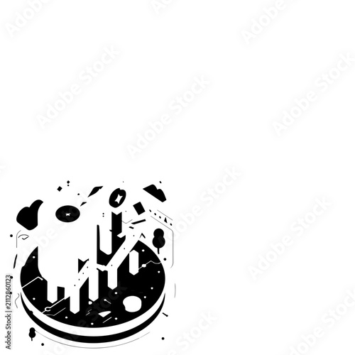 Abstract Futuristic Cityscape Composition with Geometric Shapes on a Circular Base