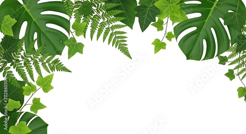 Tropical leaves border on white background. Green monstera and fern foliage frame.