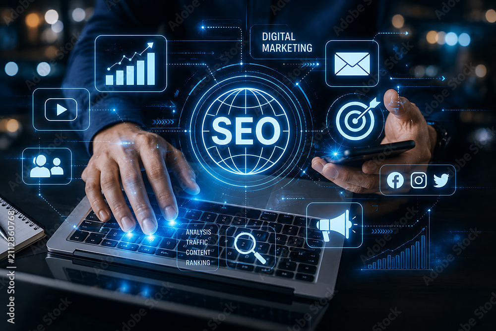 Fototapeta premium Hands typing laptop with glowing SEO digital marketing network and social media icons during night