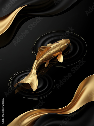 Golden auspicious koi fish on a black background.
