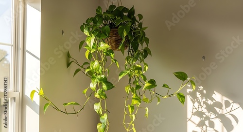 Hanging houseplant in a sunlit room. Pothos plant in a basket near a bright window.