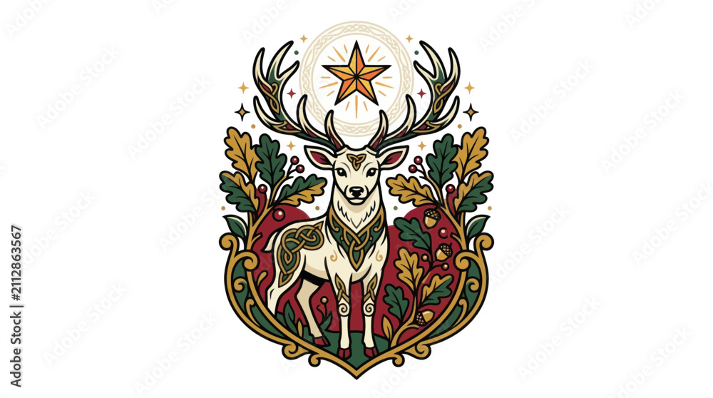 Obraz premium Majestic Deer Emblem with Ornate Foliage and Star