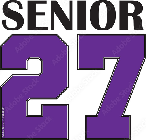 Senior 27 Logo banner varsity letters stacked purple
