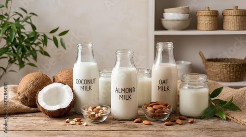 Bottles of coconut almond and oat milk on wood.