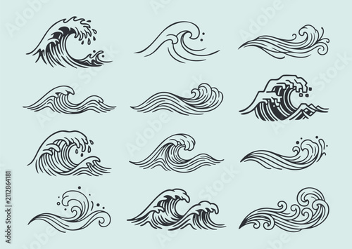 Collection of Japanese wave crest illustrations inspired by traditional ocean waves with decorative sea water elements elegant line art and timeless vector graphic design assets
