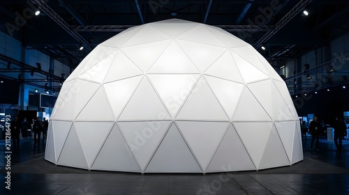 Large white geodesic dome structure for event exhibition in a warehouse