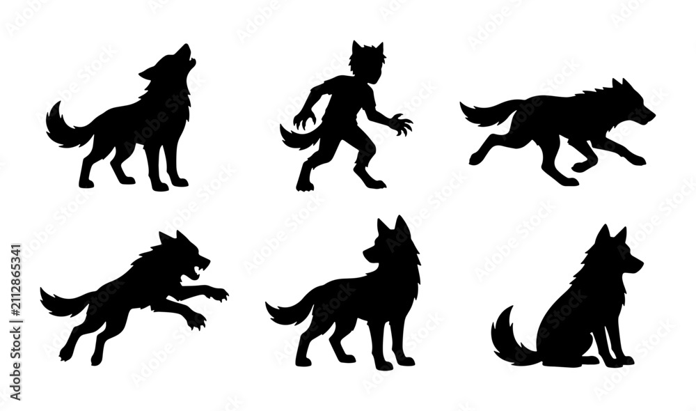 Obraz premium Wolf Silhouettes Collection, Animal Poses Vector Set, Wild Canine Graphic Elements