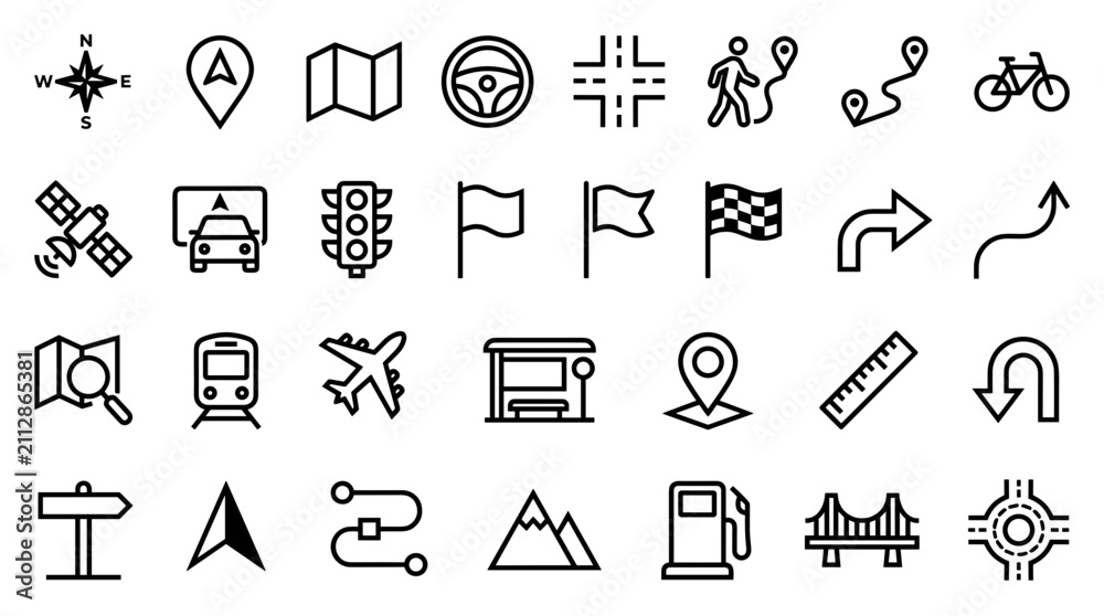 Fototapeta premium A diverse set of linear icons representing navigation, travel, and location services.