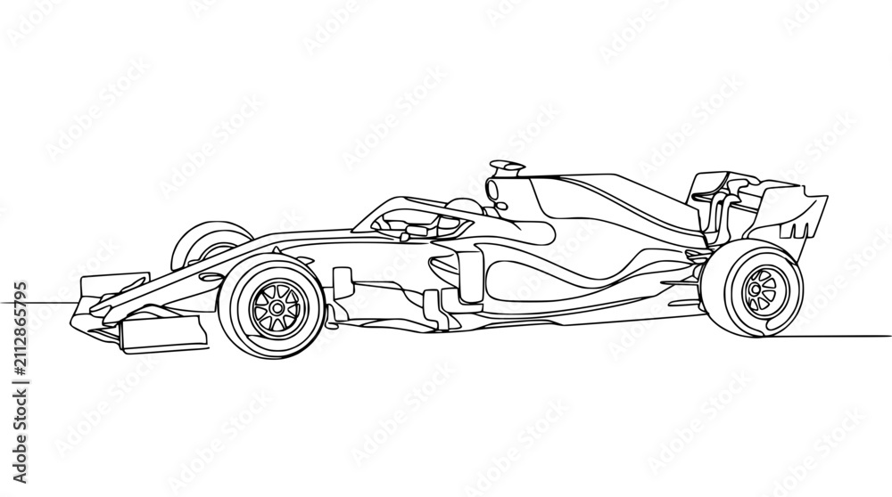Obraz premium Formula 1 Race Car Outline Drawing, Single Line Art Style, White Background