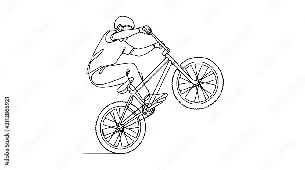 Fototapeta premium BMX rider performing a wheelie on a bicycle, dynamic line art illustration
