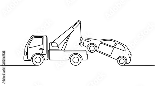 Continuous line drawing of a tow truck lifting a car, simple black and white illustration