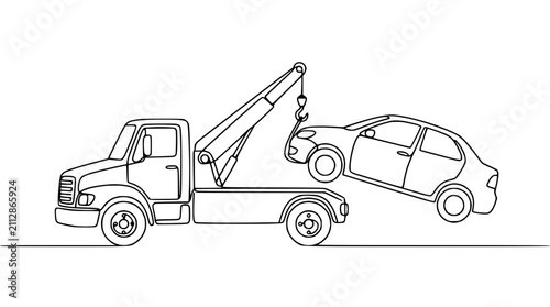 Towing Truck Lifting Car Silhouette, Roadside Assistance, Vehicle Recovery Line Art