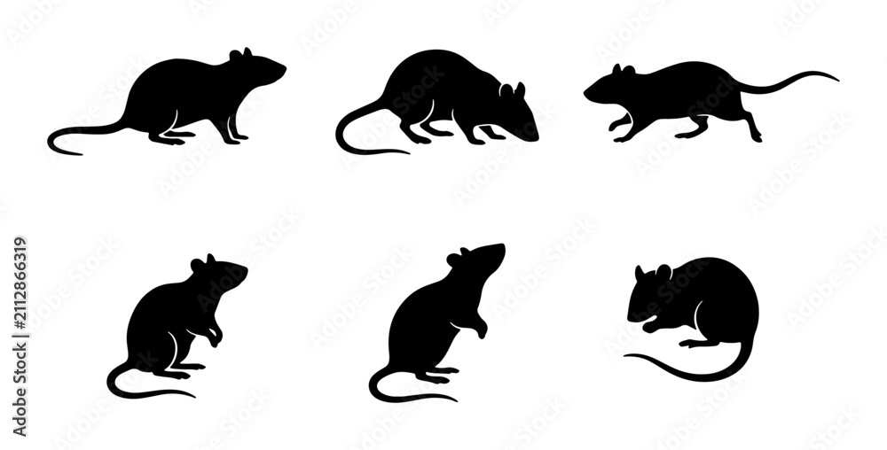 Fototapeta premium Rodent Silhouettes, Rat Icons Set, Small Mammal Vector Graphics, Animal Collection