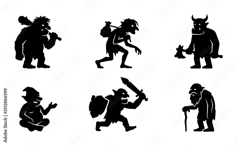 Obraz premium Fantasy Trolls Silhouettes, Mythical Creatures Vector Icons, Folklore Characters Set, Dark Fantasy Art