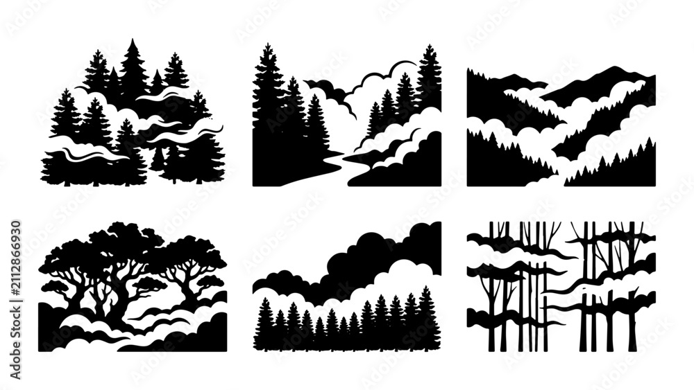 Fototapeta premium Vector Forest Landscapes, Mountain Silhouettes, Nature Scenes, Evergreen Trees, Wilderness Vistas