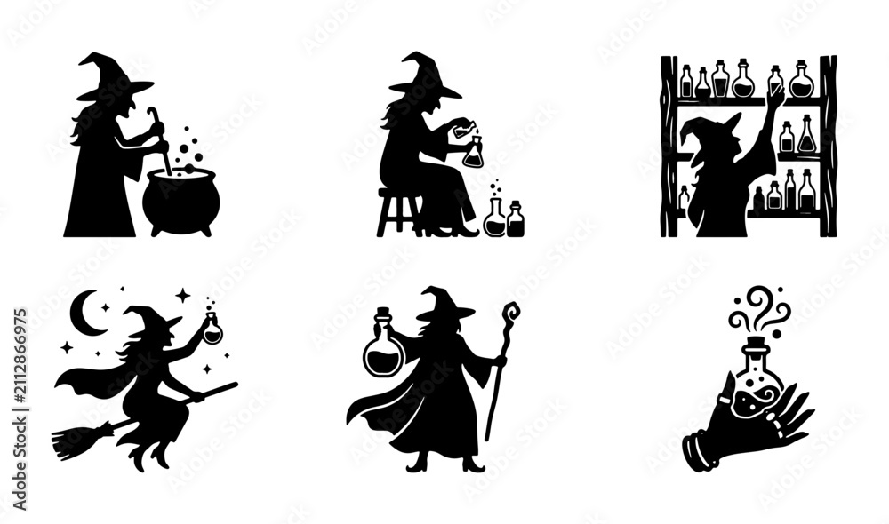 Fototapeta premium Witchcraft Silhouette Icons: Potion Making, Flying Witch, Cauldron, Spellcasting, 6 Vector Elements