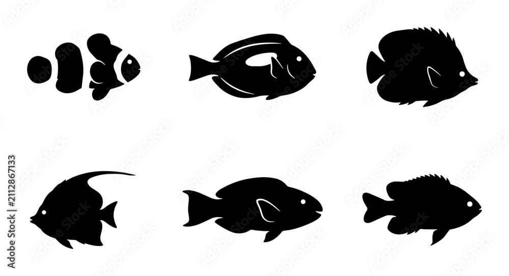 Obraz premium Six Black Silhouette Tropical Fish Icons, Marine Life Vector Set, Underwater Aquarium Creatures Collection