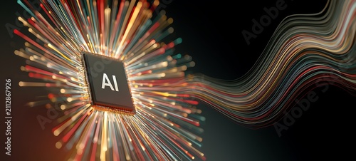 AI word on microchip and colorful light spread with strong beam , AI concept with copyspace banner background, Generative AI.
