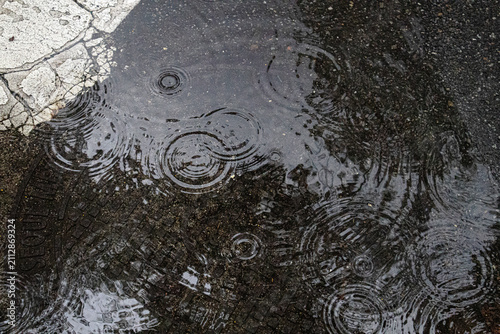 Heavy rain falls on the city manholes.도시의 맨홀 위로 폭우가 내립니다