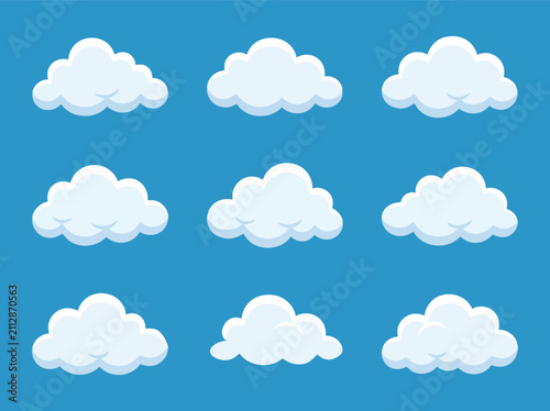 Set of nine vector white clouds with soft shadows on a blue background.