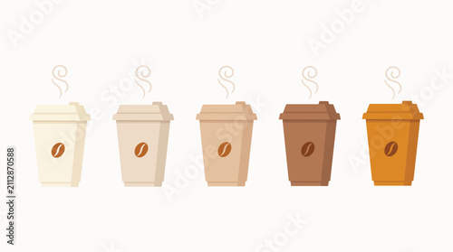 Set of five coffee cups in different shades of brown and beige colors with coffee bean icon.