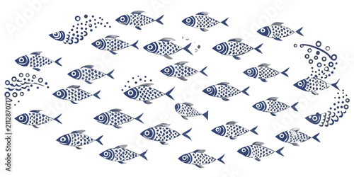 Obraz na płótnie School Of Fish Vector Illustration With Bubbles On Black Background