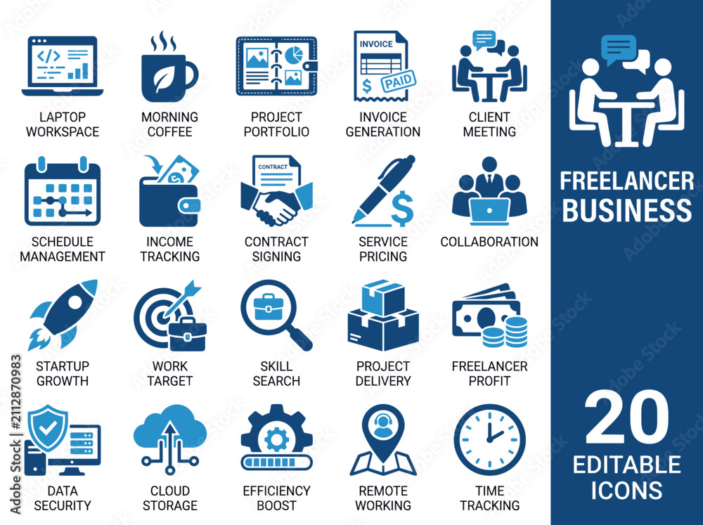 Naklejka premium Freelancer Business Icons Show Daily Tasks Like Coffee Meetings Projects And Invoices For Remote Work Success