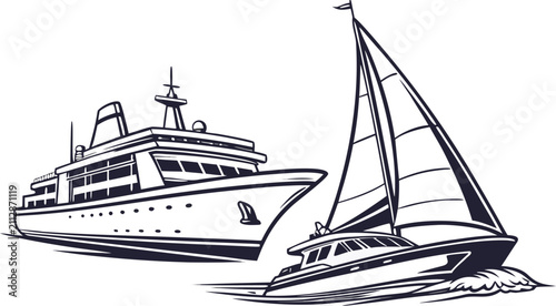 Foto A large cruise ship and a smaller sailboat sailing on the water, black and white