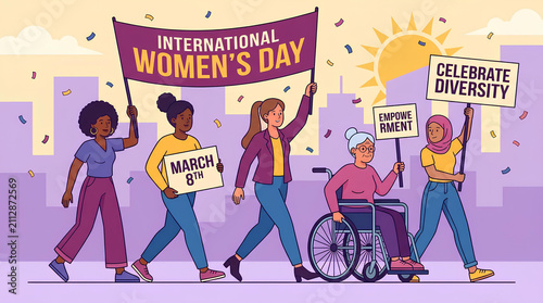 Diverse women marching for International Women's Day celebration.