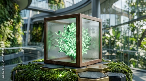 Glowing Green Plant Inside Wooden Glass Cube Representing Carbon Footprint Reduction Concept