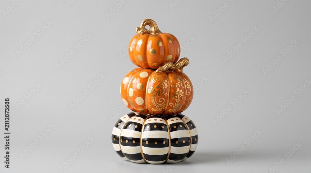 Obraz premium Stack of three decorative ceramic pumpkins: orange with gold dots, floral swirls, and black-white stripes. Gold stems, grey background. autumn, decor.