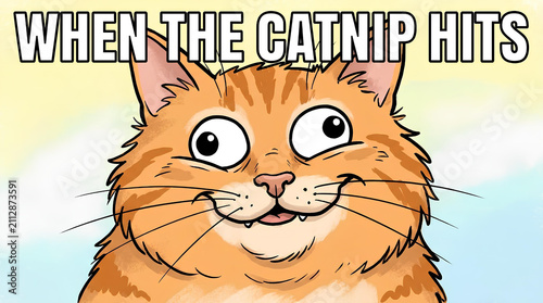 Funny cartoon cat face meme with catnip joke text.