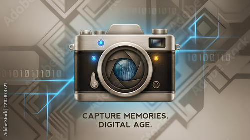 Futuristic digital camera lens with circuit board graphics.