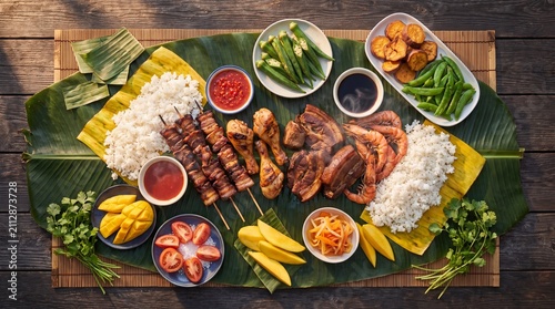 Abundant Filipino boodle feast laid on banana leaves for communal celebration