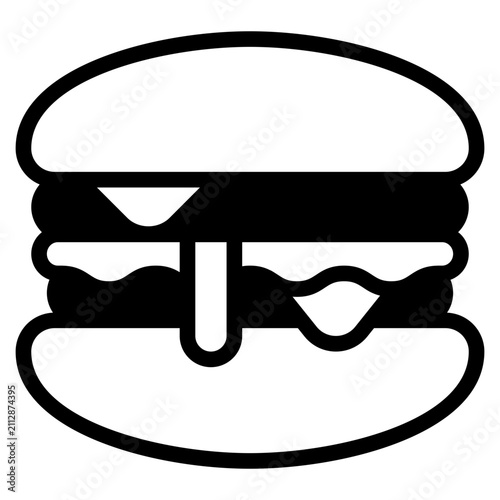 A flat design illustration of a burger featuring a yellow bun, layers of meat, and sauces. Ideal for food-related projects and menus.