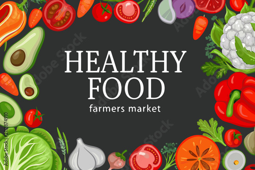 healthy food farmers market vector illustration with colorful vegetables fruits avocado tomato carrot
