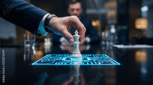 Strategic Move: A businessman's hand carefully places a chess king on a holographic board, symbolizing calculated decision-making and strategic planning in a modern business setting.