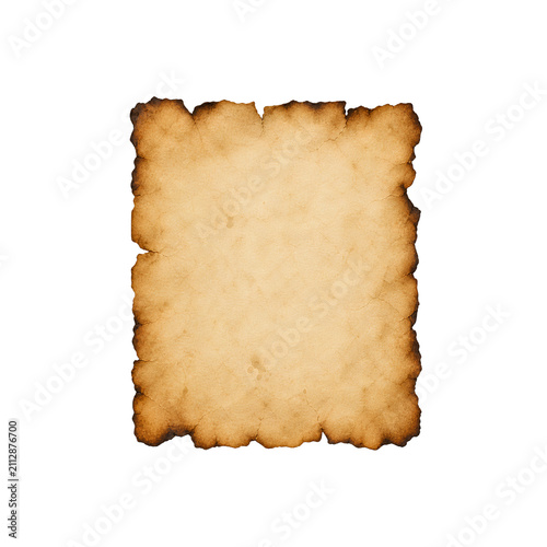 Burned vintage parchment paper isolated ancient document texture with distressed edges for retro design templates