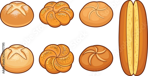 Bild auf Leinwand Bread Loaves with Various Shapes and Textures, Including Round, Braided, and Spi