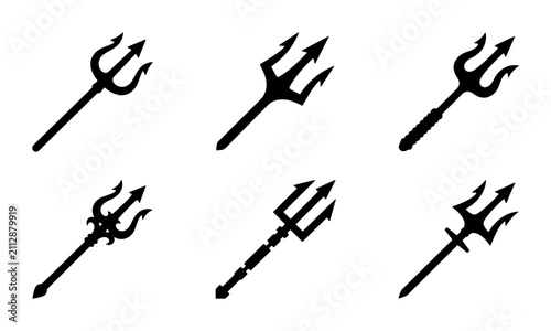 Bild auf Leinwand Six Black Trident Icons, Mythological Weapon Symbols, Ancient Power Tools, Vecto