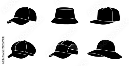 Six Black Silhouette Hats Collection, Baseball Cap, Bucket Hat, Flat Cap, Sun Hat, Fashion Accessories